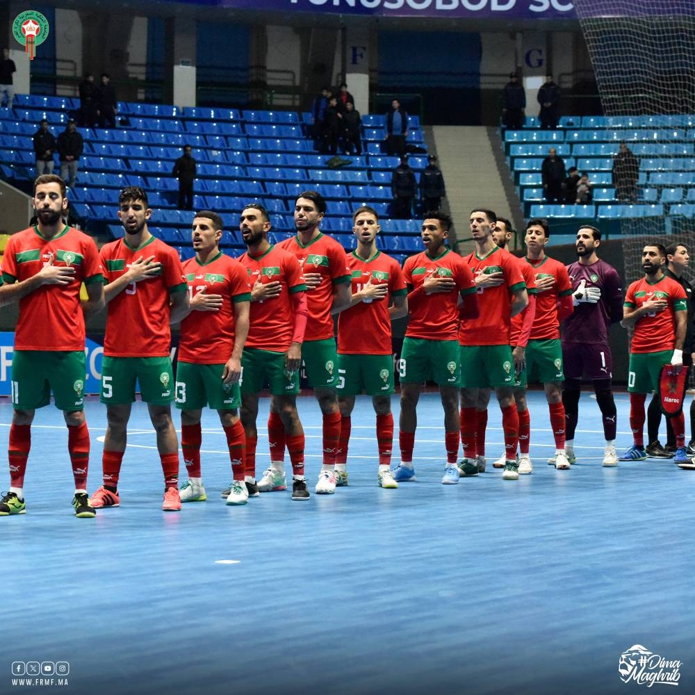 L'équipe nationale de futsal lors de sa dernière sortie internationale face à l'Ouzbékistan. Ph. FRMF