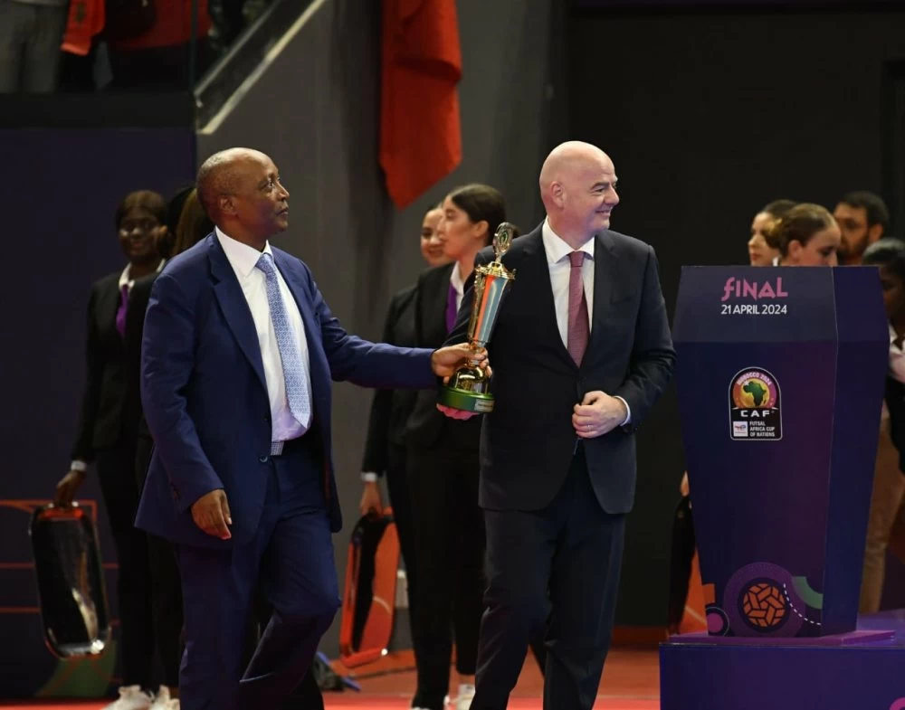 Le président de la FIFA, Gianni Infantino, et le président de la CAF, Patrice Motsepe, lors de la finale de la CAN 2024 de futsal à Rabat.                                                                                                                        Ph. Saouri