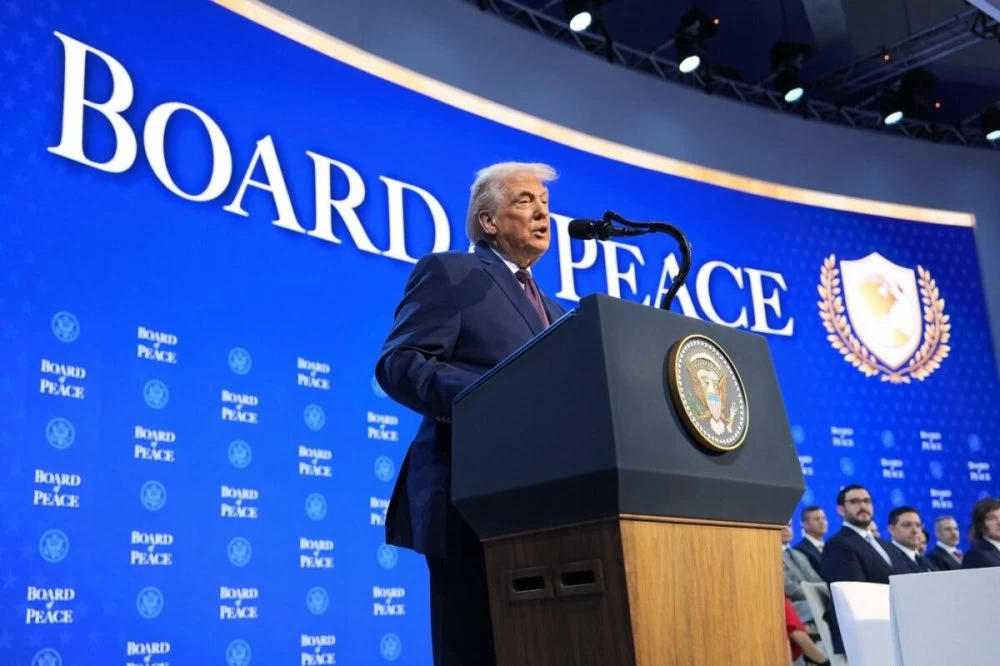 President Donald Trump speaks during a Board of Peace charter announcement during the Annual Meeting of the World Economic Forum in Davos, Switzerland, Thursday, Jan. 22, 2026. (AP Photo/Evan Vucci)