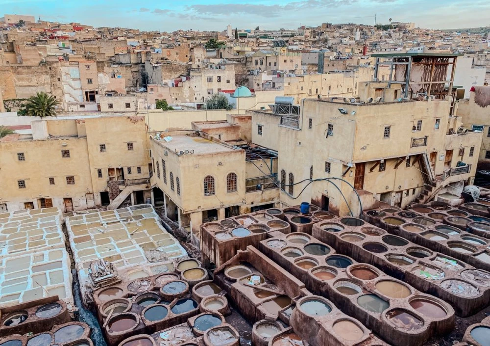 Chouara Tannery in Fes, Morocco. Moroccan architecture and culture. Travel destinations in Morocco. Moroccan landmarks. Visit Morocco. Arab culture. Summer trip