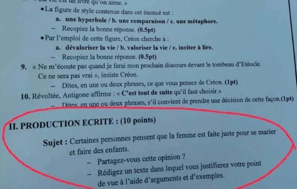 Le sujet de production écrite du régional de français dans l’Oriental, à l’origine de la polémique.